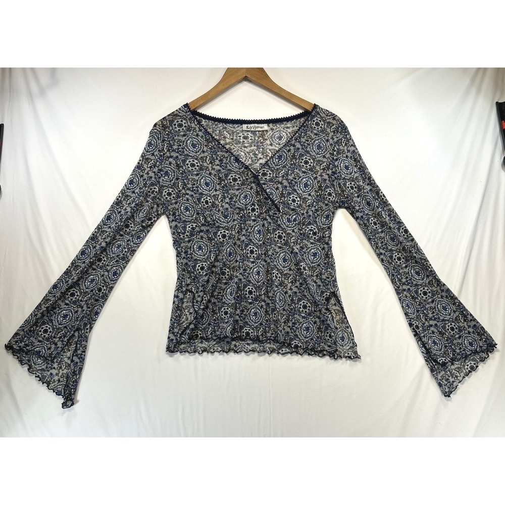 Vintage Self Esteem Y2K Fairycore Paisley Bell Sleeve Mesh Top Medium Blue